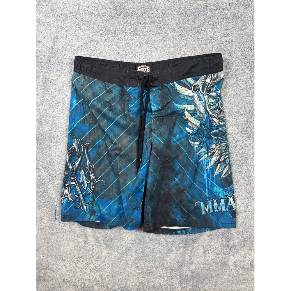 MMA Elite Mens Size M Blue Board Shorts Graphic Cross Wing Swim Trunks